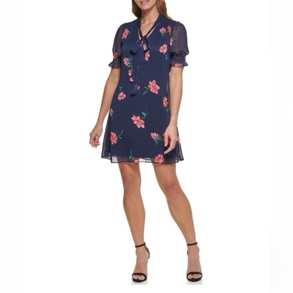 DKNY Dress Size 8 Navy Floral Chiffon Tie Neck Short Sleeve
